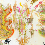 Detail shot of Mu Pan painting of animals and human hybrid creatures eating, fighting, sleeping, etc
