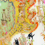 Detail shot of Mu Pan painting of animals and human hybrid creatures eating, fighting, sleeping, etc