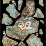 Painting of a broken stone with an owl illustration and a realistic owl sitting on the stone