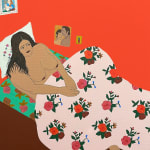 painting of a nude woman's back toward the viewer, grasping a floral bed spread while facing a bright blue wall and shelf with various colorful objects by Gina M. Contreras