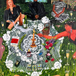Serena Viola Corson - painting of a six-people picnic with lace blanket, candles, tarot card, books and wine.