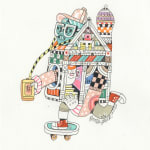 A piece by Ferris Plock of one of his illustrative characters wearing headphones and riding a skateboard. The character is wearing very vivid colorful and pattern filled clothing.