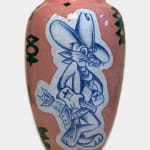 A pink ceramic pot with mickey mouse holding a gun, bugs bunny wearing cowboy outfit and a pinup girl holding her hat in her hands