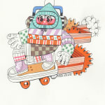 A piece by Ferris Plock of one of his illustrative characters wearing headphones and riding a skateboard. The character is wearing very vivid colorful and pattern filled clothing.