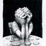 drawing of a man with enormous hands clasped around his head by Miles Johnston