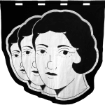 embroidered black and white banner of the heads of three woman in an angled row