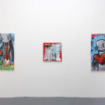 white gallery wall with three colorful Chris RWK paintings