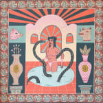 Painting of a topless woman standing in a pool of water with a snake circling around her and face to face with the snack. in the background are two different pig heads and two vases.