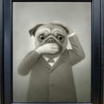 Painting of pug wearing a suit covering its mouth and top of head