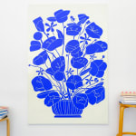 Painting of blue flowers in a vase on a white background by Sebastian Curi