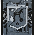 Gray-scale painting of a crest like composition depicting a fox wearing a robin-hood-esque hat with a feather, a lounging lion wearing the same hat, a shadow of a donkey with wings, and skull elements throughout by artist Jeremy Fish