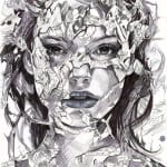 ink drawing of a woman with torn comic book piece across her faces