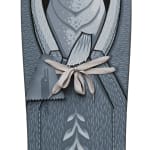 skate deck painted in a grayscale depicting a fish nestled in a carrier, complete with tied laces and other detailing throughout by artist Jeremy Fish