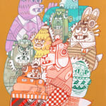 A painting by ferris Plock of a group of animal creature characters clustered together. There is a major use of bright vivid patterns and colors.