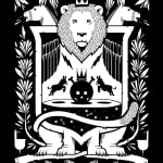 Black and white illustration of a crest like composition depicting a large lion, two donkeys, and plant flourishes by artist Jeremy Fish