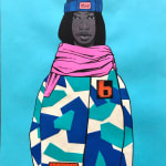 Dennis Brown's piece on paper of a woman wearing a beanie and jacket with a pattern