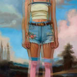 painting of a girl wearing a cowboy hat, tank top, jean shorts, and tall pink socks by Alex Garant