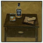 painting of a bottle of whiskey, a glass, and a picture frame on a brown desk