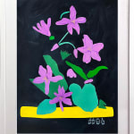 framed David Heo collage of purple flowers and green leaves with a yellow stripe on the bottom on a black background