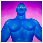 Painting of a blue muscular man with his shirt off and a purple background.