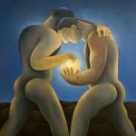 Carlos Rodriguez - painting of two nude men facing one another one hand holding the glowing ball in between them. They have their other hand around each other's shoulder. The background seems to be at night with dark shade of blue.