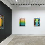 Install image of "Cosmic Bloom." From left to right, "BLACKHOLEGLOW," "PORTALIZED," "ULTRASONICWAVEPOOL."
