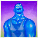 Painting of a blue man in a tank top with very large muscles. The background is bright purple