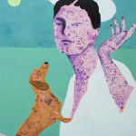 Erin Armstrong - painting of a woman painted in purple with dark purple dots and a small dachshund crawling up her chest on a blue background with a small yellow moon in the back.