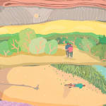 Danym Kwon's painting of folded blankets with scenes in each blanket