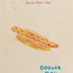 Drawing of a hot dog and the words "Dodger Dog" underneath it in blue on a Beverly Wilshire Hotel stationary paper