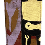wooden beam with a gold robot holding a blue bird