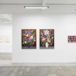 Install image of Sweet Bountiful Life. From left to right is "Still Life with Flowers (49)", "Still Life with Flowers (51)", and "Salt & Chocolates."