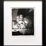 drawing of two figures with enormous heads behind them by Miles Johnston