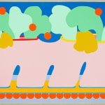 CHIAOZZA - painting of a pink vase with two mouth of red and yellow on an amber yellow surface with orange feet, abstract plants of green and red place in the vase. The back ground is in blue in two shade.