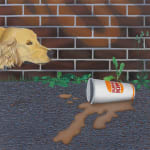 Painting of a golden retriever dog poking his head out from the left side of the canvas. There is a Burger King white cup with its spilled contents on the black pavement ground. Behind the dog and the cup is a brick wall and weeds growing in the cracks of the ground.