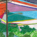 sketch of telephone lines and colorful patches in the sky
