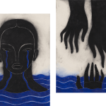Hilda Palafox diptych of face of black hair and black faced woman crying blue tears into body of water / second piece is of two hands extending down into blue body of water, with a third hand reaching up
