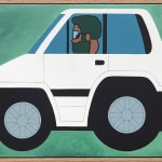 Painting of a white car on a blue background with a man wearing sunglasses, dark afro and dark beard sitting in the drivers seat