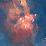 Painting of a firework going off in the sky with smoke surrounding the pink light