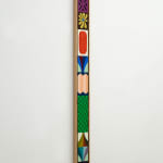 Vertical painting with small designed stacked on top of each other featuring a yellow flower, a red feather, a sun, a checkered green design, a diamond shaped design and a blue flower
