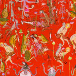 Detail shot of a painting by Mu Pan of creatures, animals and human hybrids eating, sleeping, killing, flying and climbing
