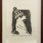 A drawing of a seated dog wearing a patterned hat.