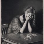 black and white drawing of a woman sitting at a table and holding her detached head in her hands