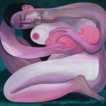 Corey K Lamb - painting of a woman in nudity crouching and kneeling on the floor holding a baby in her arms, the background is dark green in contrast to the pink tone body.