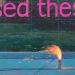 Painting of a fire work going off on the sidewalk in front of a house with the words "I used these ones" in big pink letters above