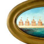 painting of a beach lined with striped tents close up