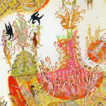 Detail shot of Mu Pan painting of animals and human hybrid creatures eating, fighting, sleeping, etc