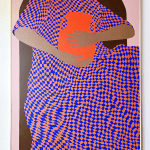 Carmen McNalls's painting of a woman holding a red vase in a checkered dress