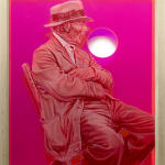 seated old man in pink with face turned away from the viewer