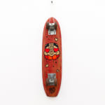 Red vintage wooden skateboard with GATS character with red hearts for eyes painted on the bottom of it